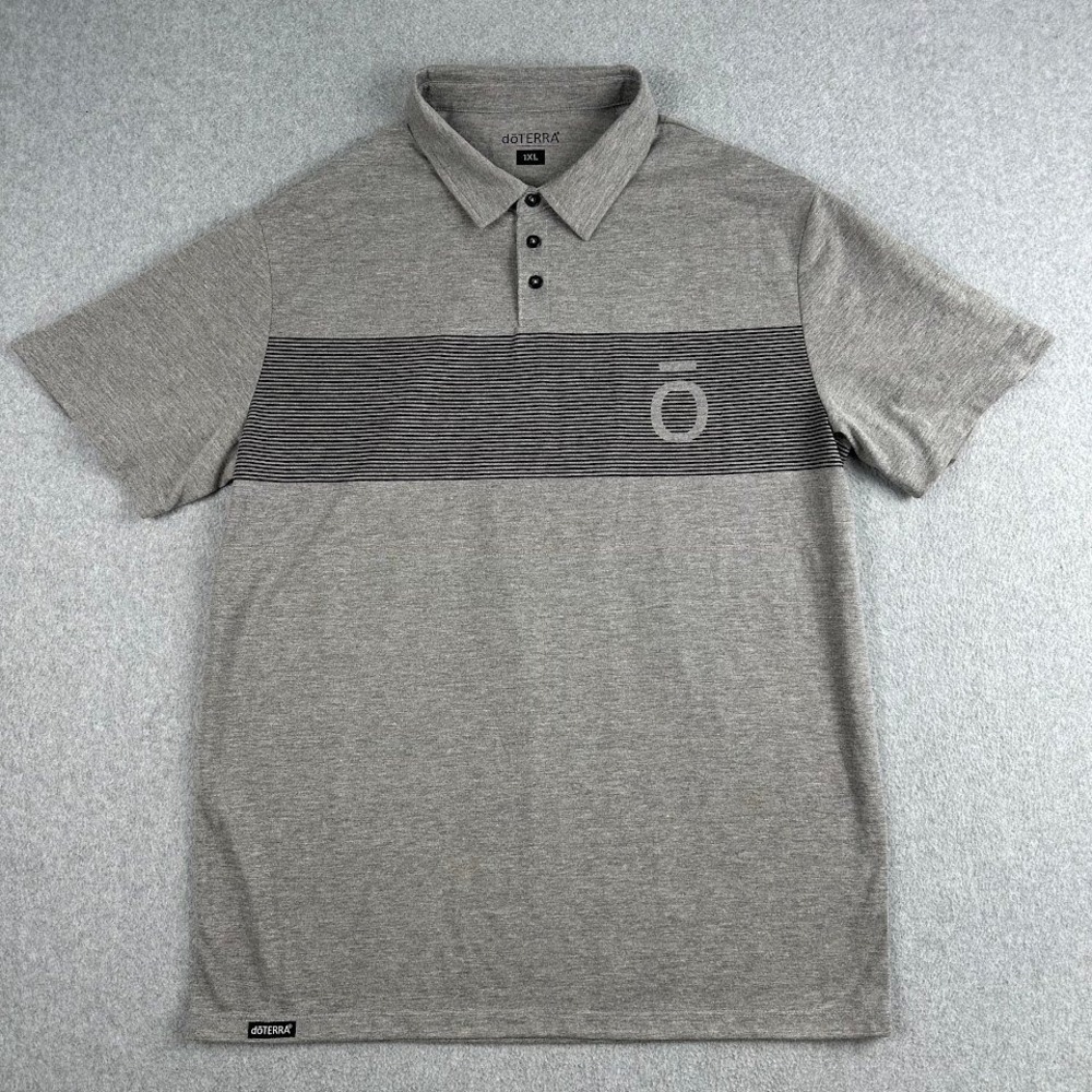 DoTERRA‎ Polo Shirt Mens XL Gray Short Sleeve Collared Logo Strip Golf Preppy